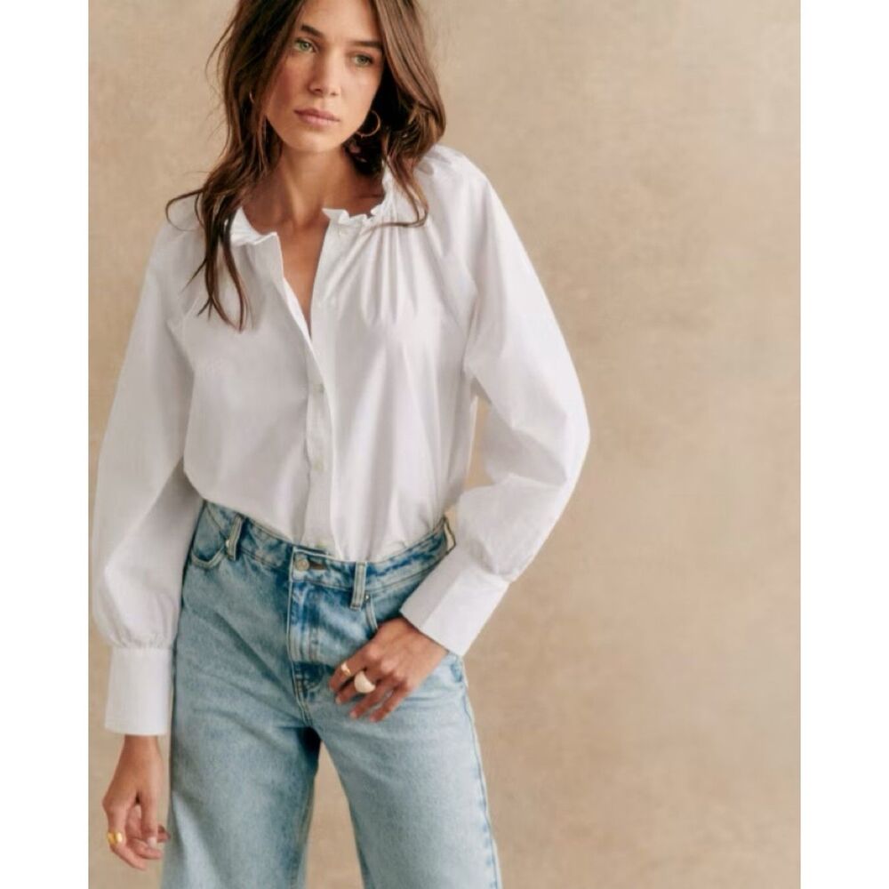 Sézane Louna Shirt White Cotton Ruffle Collar Long Sleeve Button Down Blouse 38